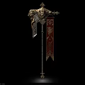 Ornate Medieval Weapon with Golden Metal Carvings Red Banner and Lion Crest Design
