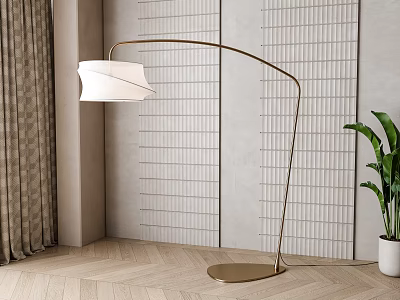Modern Arc Floor Lamp with White Shade Curved Stand on Wooden Floor and Textured Wall 3d model