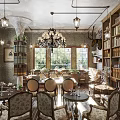 Vintage Café Interior With Bookshelves Chandelier Wooden Tables Windows And Green Plants