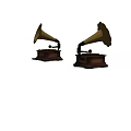 Two Vintage Gramophone Sound Systems with Brass Horns and Wooden Bases