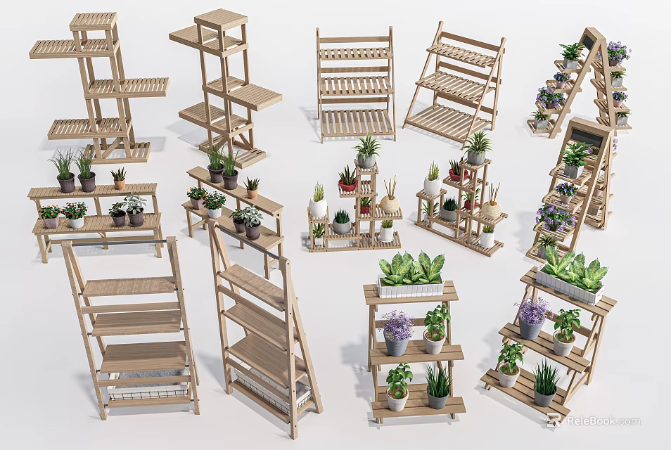 Wooden Display Shelves with Various Designs and Potted Plants for Home or Store 3d model 