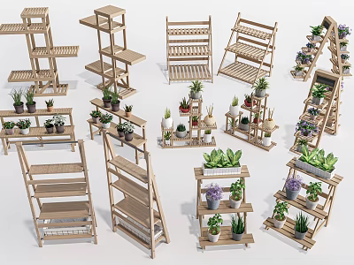 Wooden Display Shelves with Various Designs and Potted Plants for Home or Store 3d model