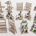 Wooden Display Shelves with Various Designs and Potted Plants for Home or Store