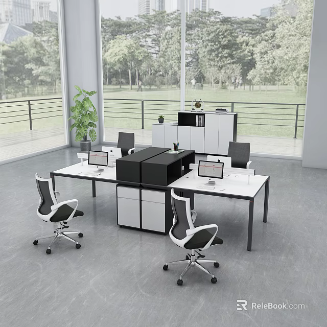 Modern Office Interior With Desks Ergonomic Chairs Computers Large Windows And Green Plants 3d model 