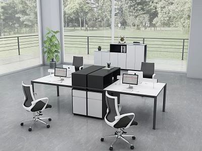 Modern Office Interior With Desks Ergonomic Chairs Computers Large Windows And Green Plants 3d model
