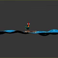 Small Wooden Platform In Blue Water With Red Clothed Figure And Rocket Structure