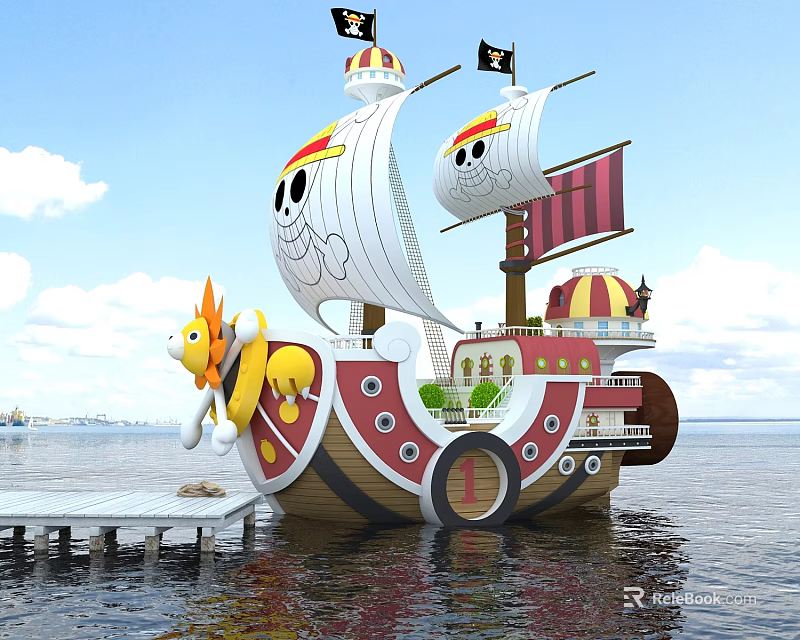 Pirate Ship Themed Amusement Equipment with Skull Flags Yellow Cartoon Character on Water Near Dock 3d model 