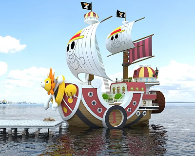 Pirate Ship Themed Amusement Equipment with Skull Flags Yellow Cartoon Character on Water Near Dock 3d model