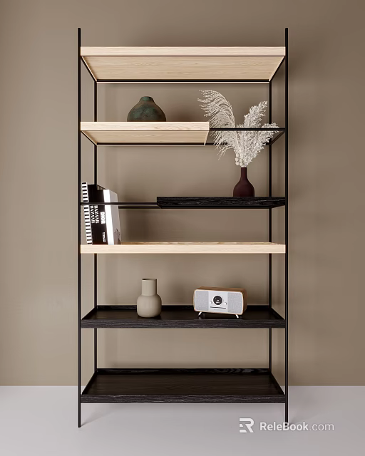 Modern Storage Shelf With Metal Frame Wooden Shelves Holding Decorative Vases Books And Speaker 3d model 