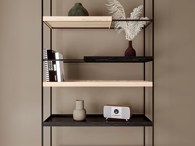 Modern Storage Shelf With Metal Frame Wooden Shelves Holding Decorative Vases Books And Speaker 3d model
