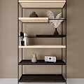 Modern Storage Shelf With Metal Frame Wooden Shelves Holding Decorative Vases Books And Speaker