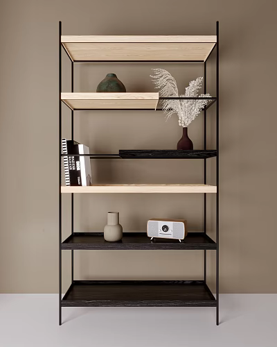 Modern Storage Shelf With Metal Frame Wooden Shelves Holding Decorative Vases Books And Speaker 3d model
