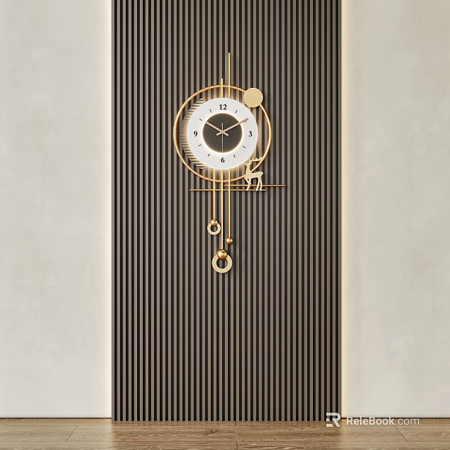 Elegant Gold Frame Round Clock Wall Hanging With Decorative Pendants And Vertical Striped Background 3d model 