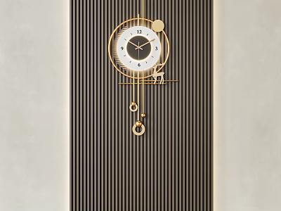 Elegant Gold Frame Round Clock Wall Hanging With Decorative Pendants And Vertical Striped Background 3d model