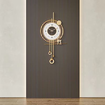 Elegant Gold Frame Round Clock Wall Hanging With Decorative Pendants And Vertical Striped Background 3d model