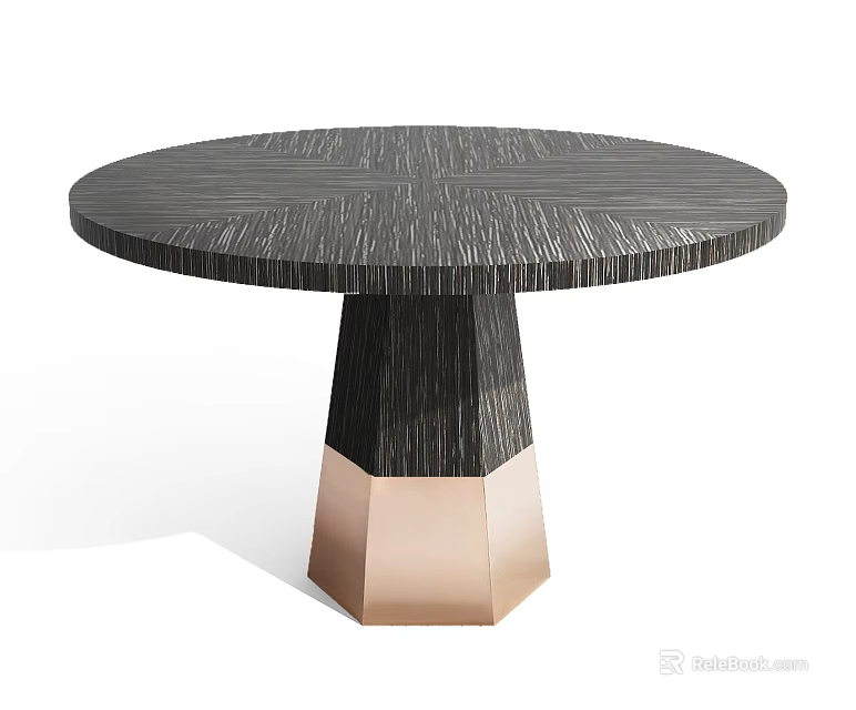Round Textured Dark Colored Dining Table With Black And Copper Geometric Pedestal Base 3d model