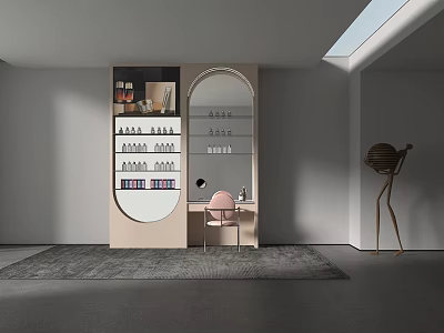 Modern Display Shelves With Curved Glass Layers And Organized Items In Stylish Interior Space 3d model