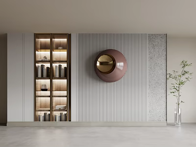 Modern Decorative Cabinet with Glass Doors Lighting Against Striped Wall Round Mirror and Green Plant 3d model