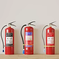 Three Red Portable Fire Extinguishers Standing Against Wall On Wooden Surface 3d model