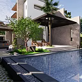 Modern Two Story Detached Villa With Roof Greenery Black Gate And White Fence