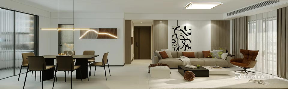 Modern Minimalist Living Dining Room Design With Neutral Sofa Coffee Table And Abstract Art 3d model 