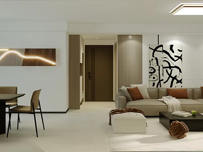 Modern Minimalist Living Dining Room Design With Neutral Sofa Coffee Table And Abstract Art 3d model