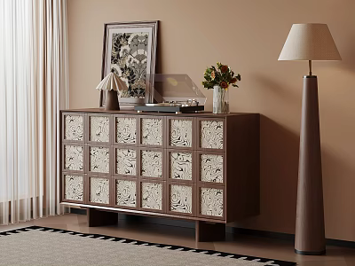 Wooden Entryway Console Cabinet with Decorative Panels Table Lamp Vase Flowers and Laptop 3d model