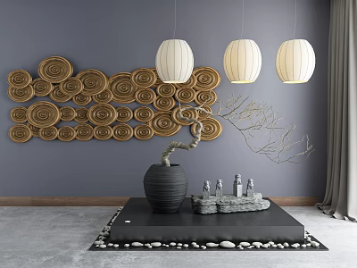 Garden Ornaments Featuring Spiral Wall Art White Hanging Lanterns Black Vase With Twig And Pebbles 3d model