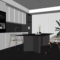 Modern Restaurant Interior With Black Dining Table Transparent Chairs Kitchen Cabinets And Ceiling Lights 3d model
