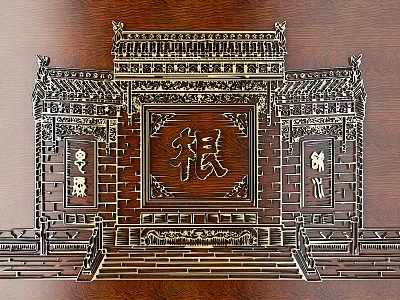 Chinese Style Wooden Architectural Carving with Decorative Eave and Intricate Character Details 3d model
