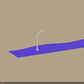 White Wind Turbine Tower with Three Blades Standing on Blue Water Surface and Brown Background