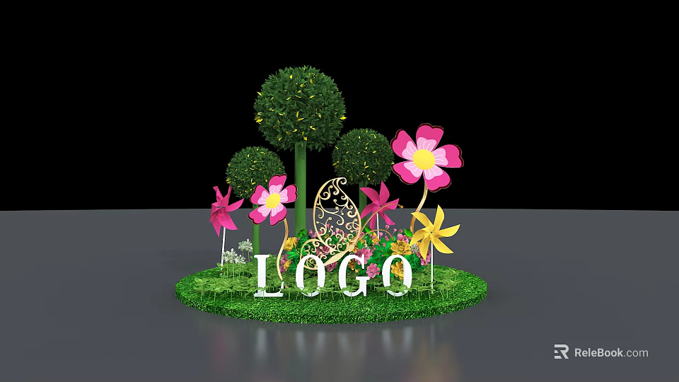 Garden Display With Green Grass Round Shrubs Pink Yellow Flowers Butterfly And LOGO 3d model 