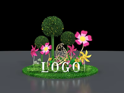 Garden Display With Green Grass Round Shrubs Pink Yellow Flowers Butterfly And LOGO 3d model