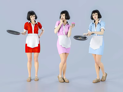 Three Women In Colored Dresses With White Aprons Holding Cooking Pans 3d model