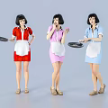 Three Women In Colored Dresses With White Aprons Holding Cooking Pans