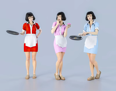 Three Women In Colored Dresses With White Aprons Holding Cooking Pans 3d model