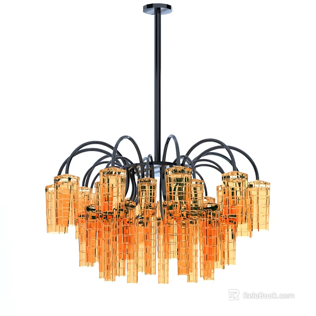 Modern Chandelier With Curved Black Metal Arms And Gold Transparent Cylinder Pendants 3d model 