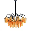 Modern Chandelier With Curved Black Metal Arms And Gold Transparent Cylinder Pendants