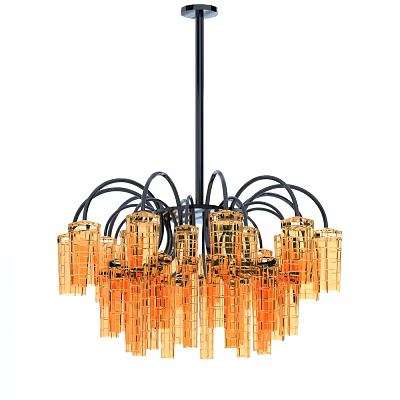 Modern Chandelier With Curved Black Metal Arms And Gold Transparent Cylinder Pendants 3d model