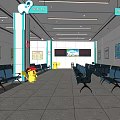 Clean Bright Public Waiting Area with Blue Seats Self Service Kiosk Wall Posters and Signage