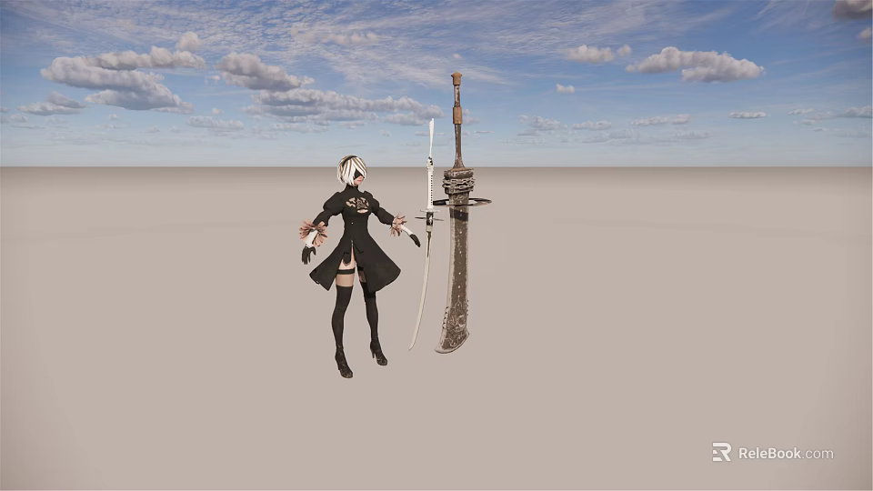 Female Game Character With Silver Hair Holding Large Sword In Black Outfit 3d model 