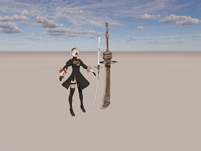 Female Game Character With Silver Hair Holding Large Sword In Black Outfit 3d model