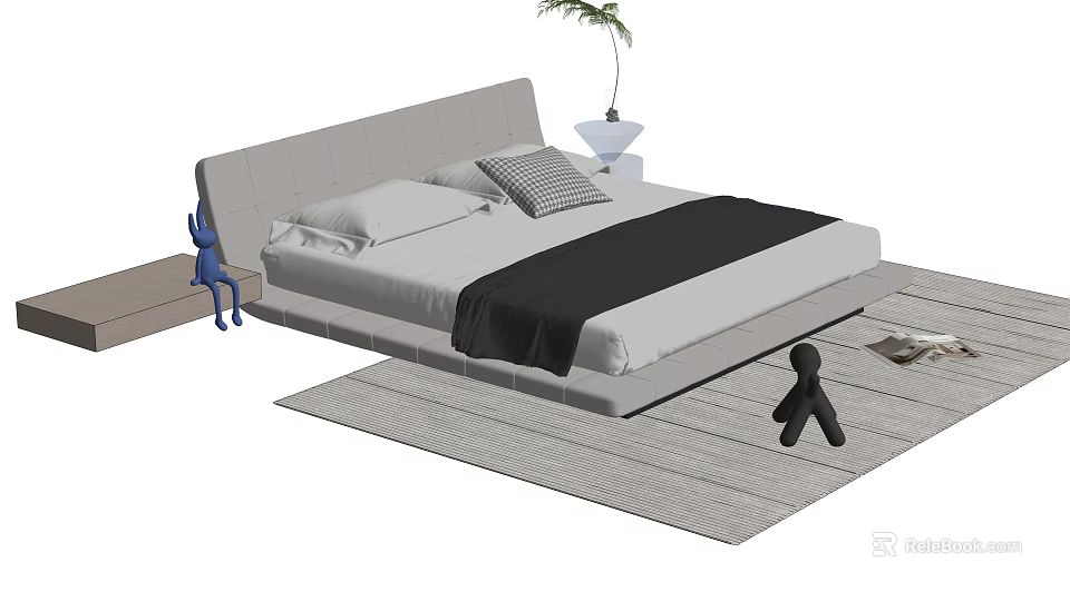 Double Bed with Gray Headboard White Pillows Black Blanket on Gray Rug and Nightstand Plant 3d model 