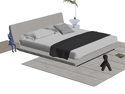 Double Bed with Gray Headboard White Pillows Black Blanket on Gray Rug and Nightstand Plant 3d model