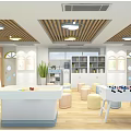 Kindergarten Classroom Interior With Wooden Ceiling Cloud Shaped Lights Yellow Walls And Round Stools