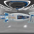 Modern Exhibition Booth Design With Car Display Blue Elements Glass Walls And Lighting