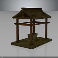 Traditional Wooden Architectural Structure With Thatched Roof And Stone Well Basin On Square Base