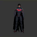 Detailed Modern Superhero Costume With Pink Blue Accents And Cape Standing