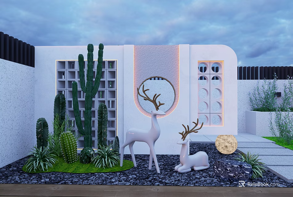 Outdoor Garden Feature Wall With Cacti Deer Sculptures Circular Mirror And Lighting 3d model 