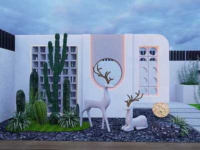 Outdoor Garden Feature Wall With Cacti Deer Sculptures Circular Mirror And Lighting 3d model
